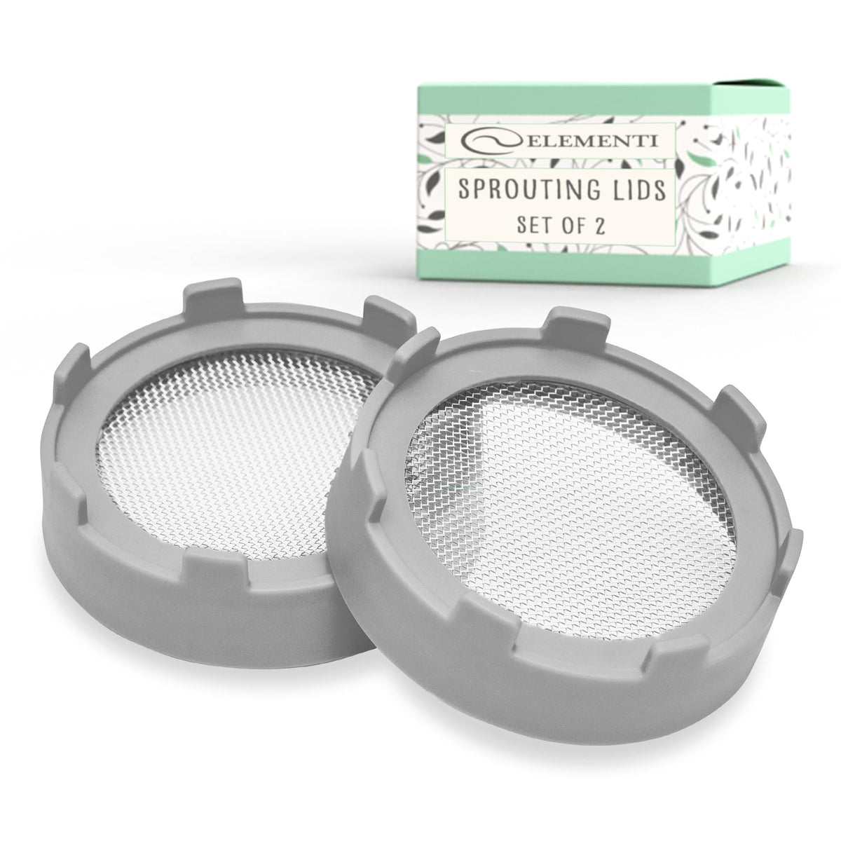 Elementi Sprouting Lids for Mason Jars (Set of 2) Mason Jar Strainer Lid Wide Mouth Mason Jar Screen Lids for Sprouting Kit Sprout Lids 316 Stainless Steel Mesh Screen Strainer Lid (Grey)