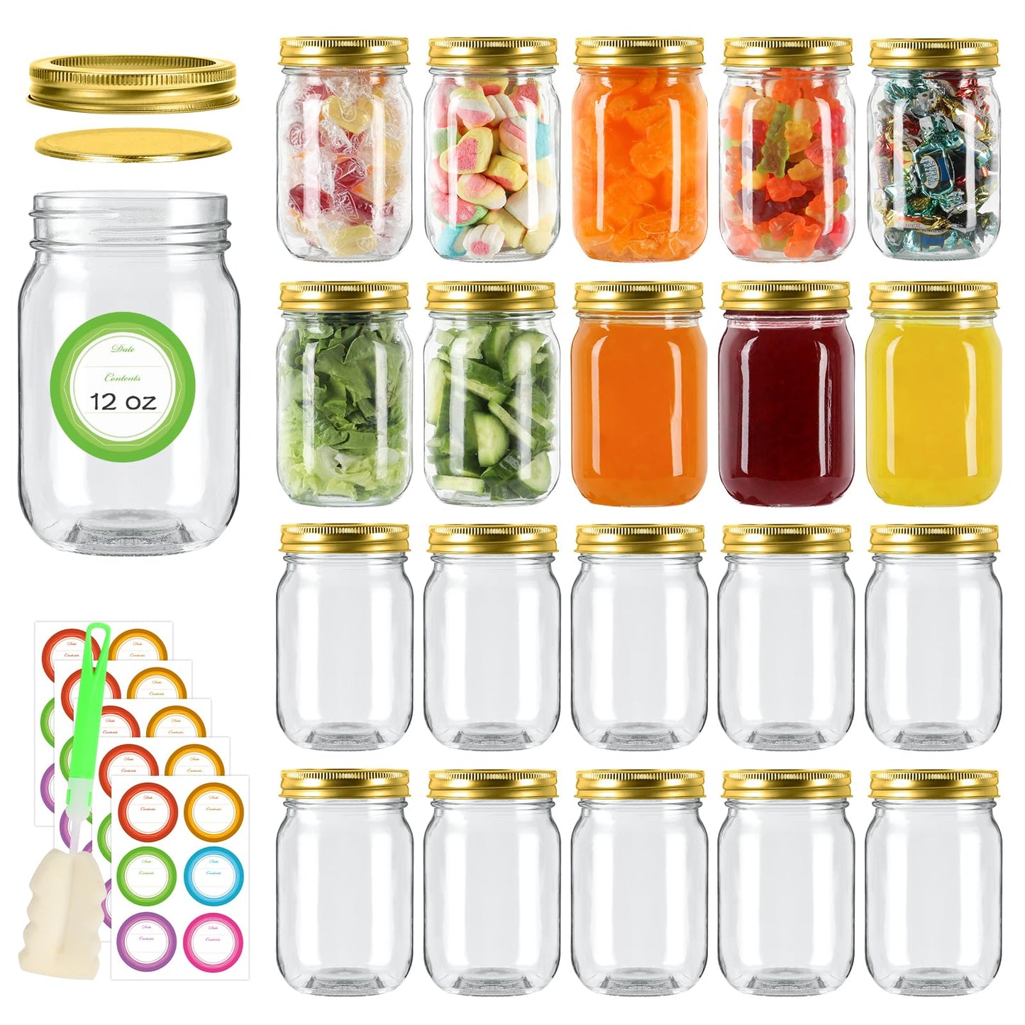 Mcupper 20 Pack 12 oz Mason Jars with Gold Lids and Bands Regular Mouth Glass Canning Jars with Labels and Brusher for Storage Canning & Preserving Dishwasher & Microwave Safe